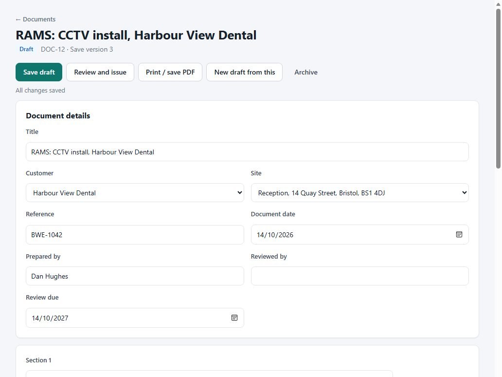 Editing a risk assessment and method statement linked to a customer and site