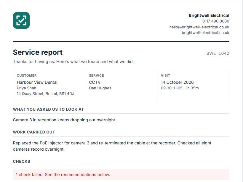 A customer service report with the visit details, checks and before and after photos